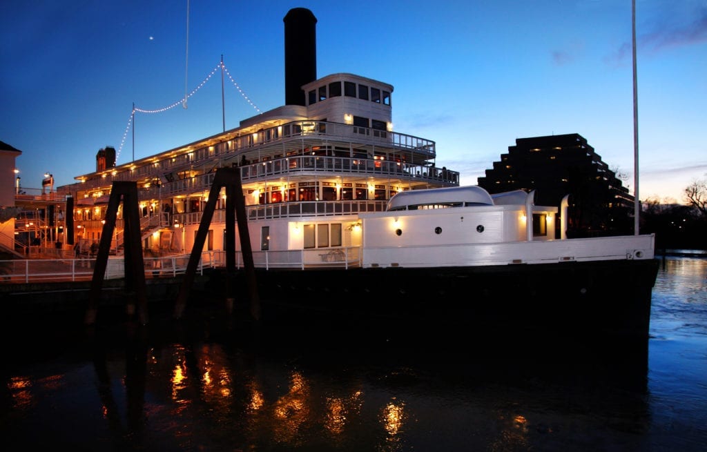 Exterior of the Delta King Hotel riverboat moored on the Sacramento River