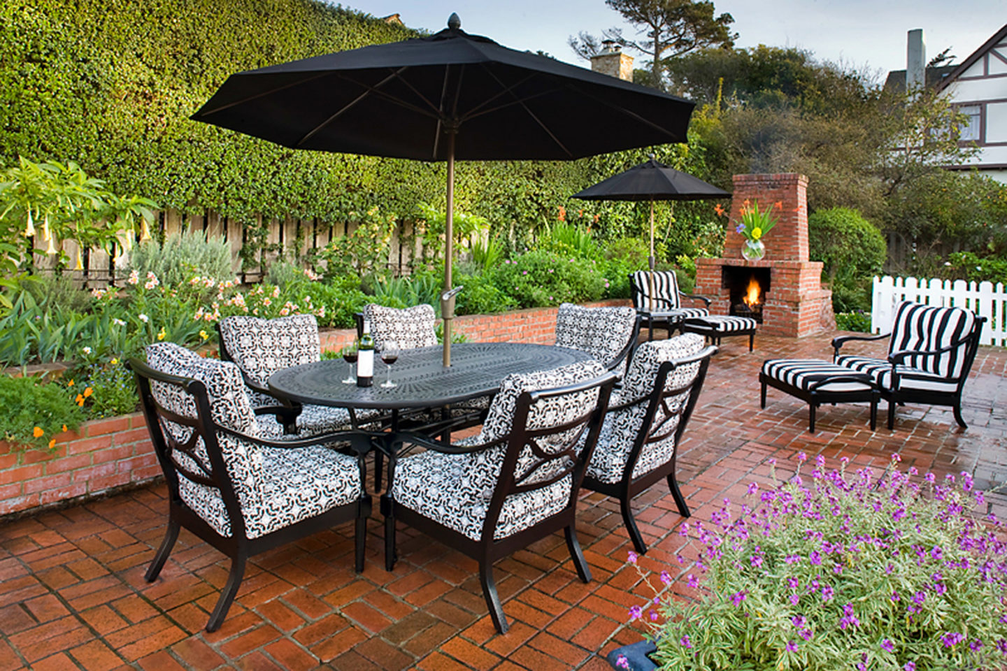 Colonial Terrace brick patio and fireplace
