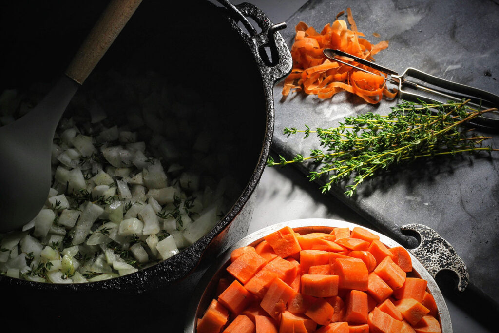 Sauté onions and thyme until golden brown.