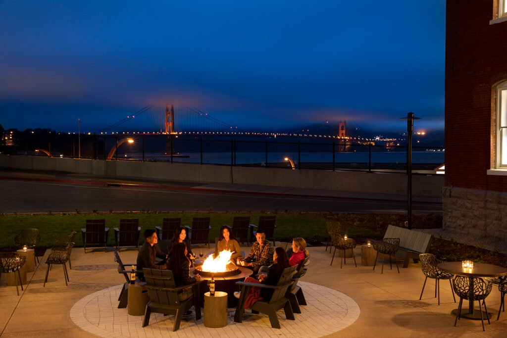 Lodge at the Presidio fire pit with views of Golden Gate Bridge