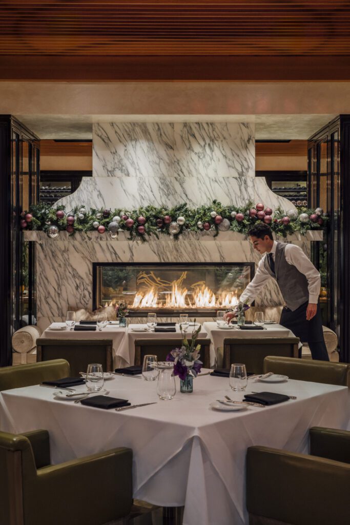 Marble fireplace in the dining room of the Hotel Bel-Air