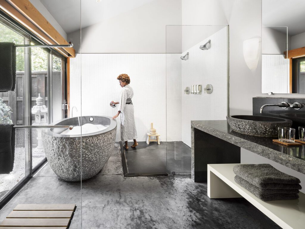 Granite soaking tub in the Ryokan Zen Suite at The Gaige House