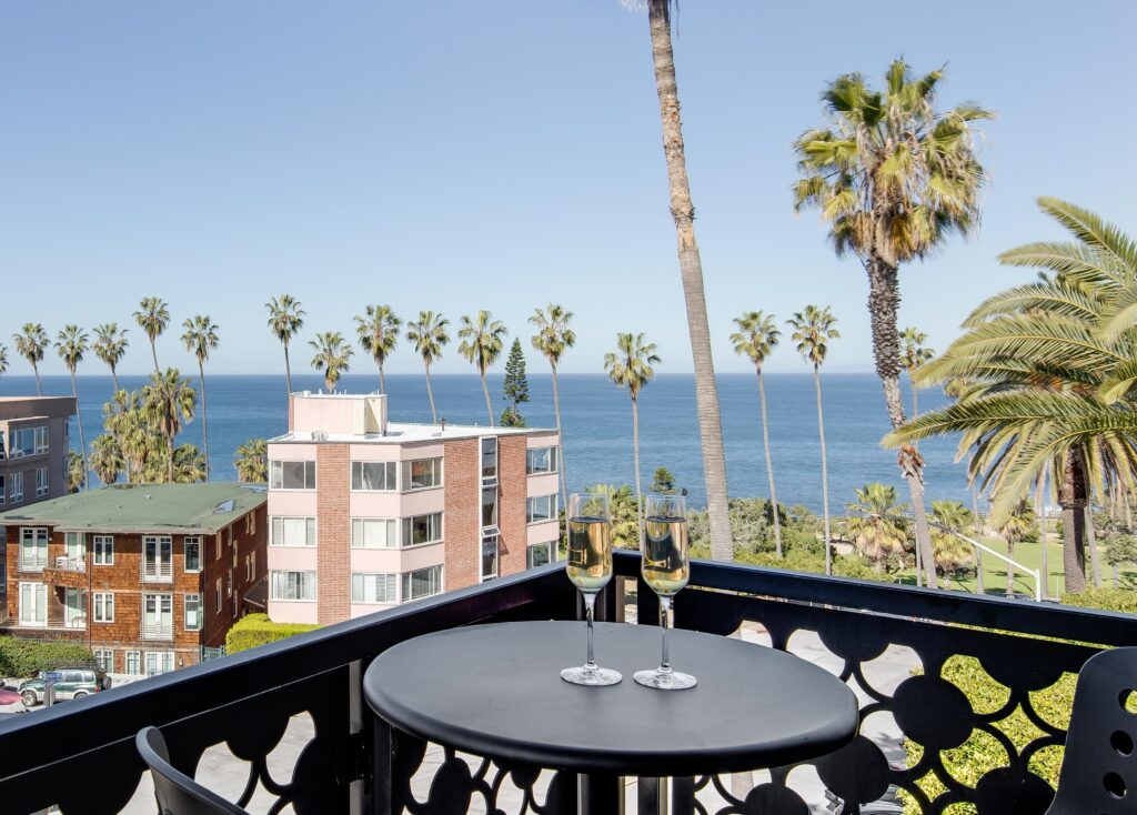 Palm trees an ocean view from a guest room patio at Cormorant 