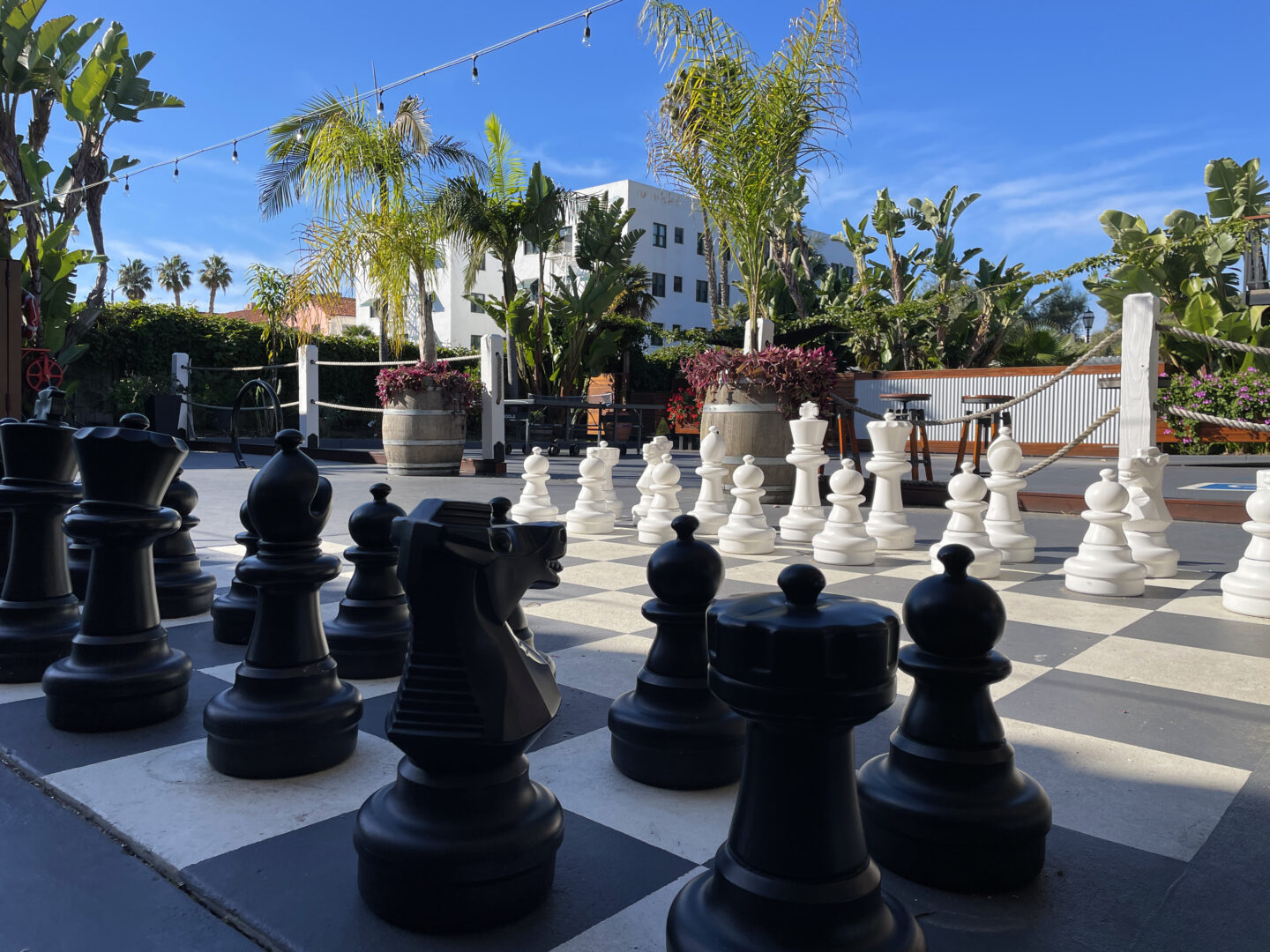 Giant chessboard in the courtyard of Haley Hotel