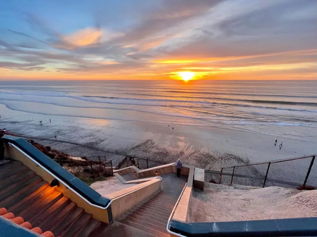 View from the top of the stairs at Stone Steps Beach at sunset