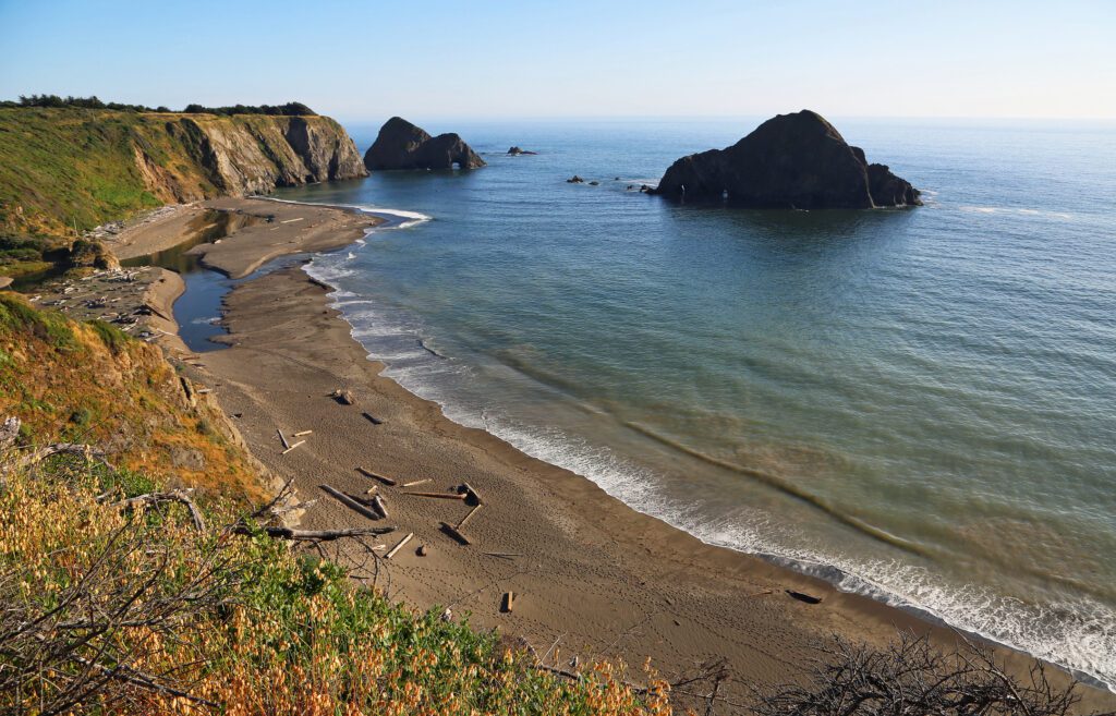 Sea stacks rising from the ocean at Greenwood State Beach