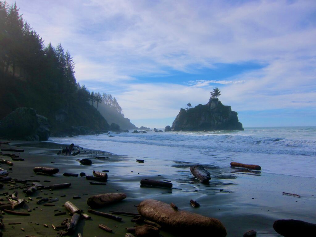 Strewn with large logs and driftwood, as a hazy morning clears to bue skies. Hidden Beach is a small cove beach in Redwood National Park, Del Norte County, Northern California. It is tucked away below a tree-covered hillside near the town of Klamath. This is a wonderful beach with huge rocks in the surf and driftwood logs piled up at the back of the beach.