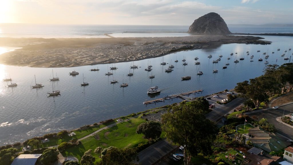 Aerial view of Morro Bay, Sandspit Beach, and Morro Rock.