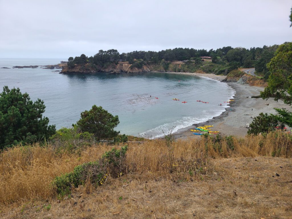 View from the headlands of kayakers launching from a crescent beach at Van Damme State Park