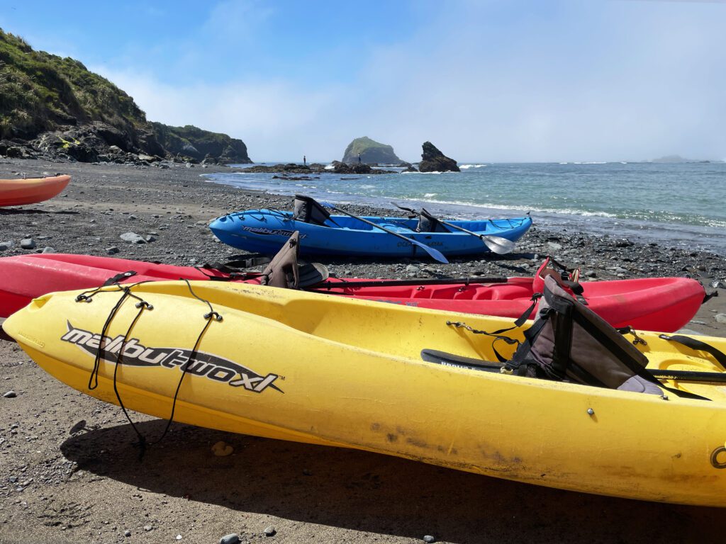 Kayaks on the beach at Van Damme State Park