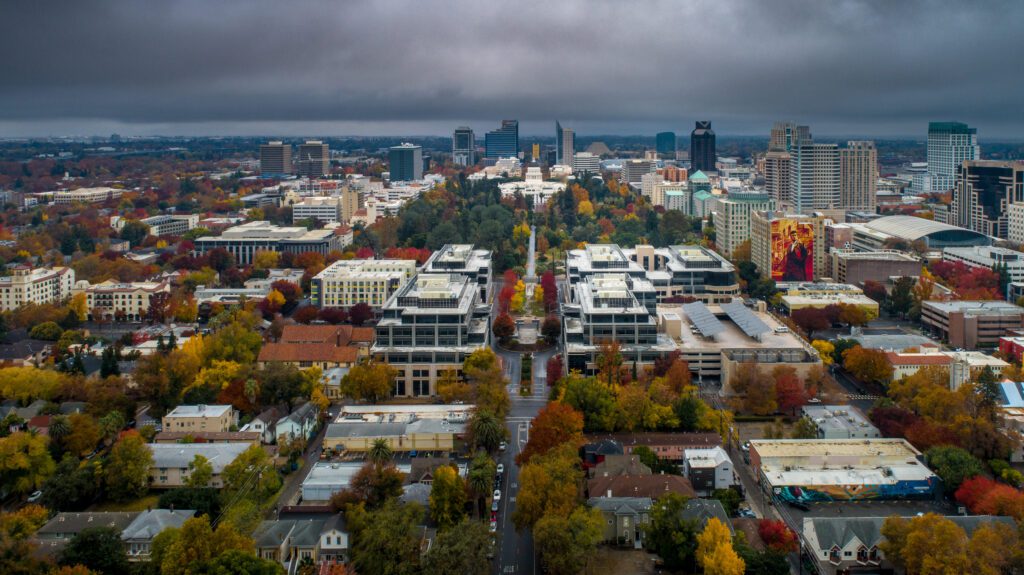 Aerial view of Sacramento State Capital Park and colorful trees in the fall