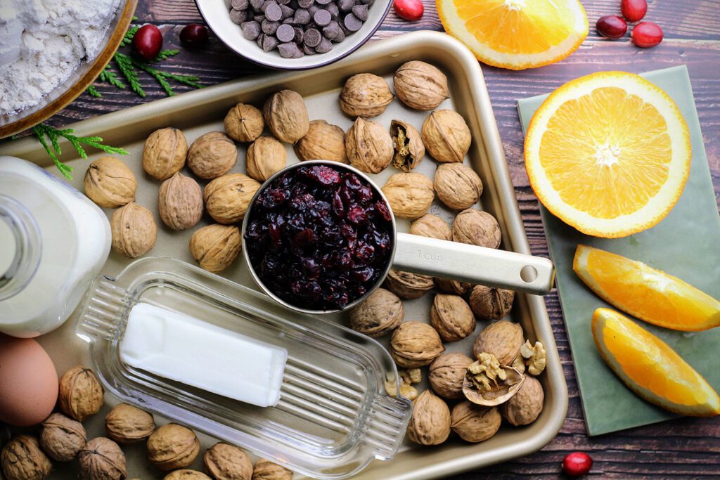 Walnuts, cranberries, sliced oranges, and chocolate chips