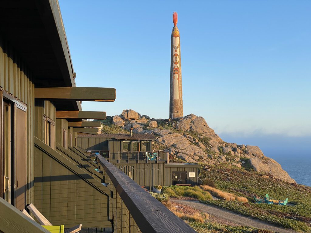 View of the Bufano Peace Statue Monument from a guest room deck at Timber Cove Resort