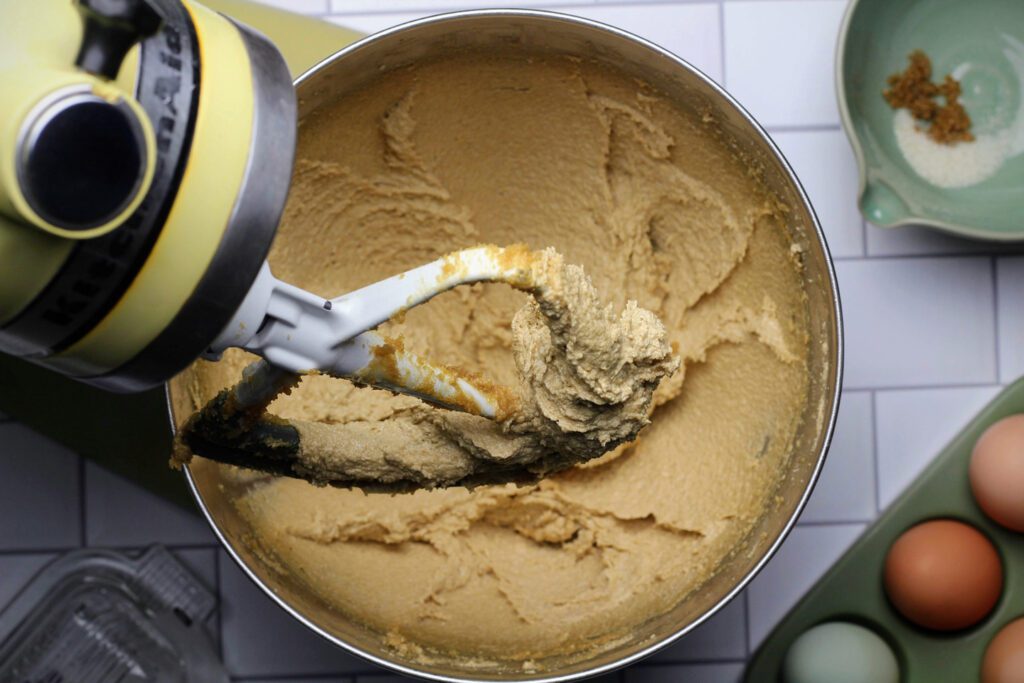 Creaming the butter and sugar in a mixer.