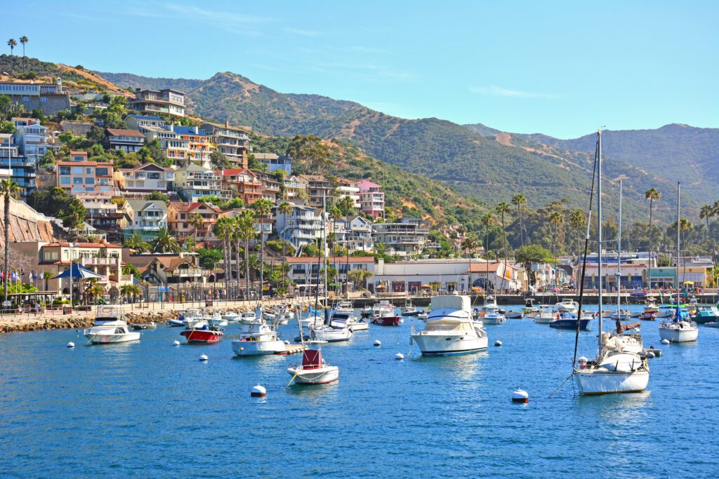 Boats in Avalon Harbor with homes on the hillside in Santa Catalina Island off the coast of Southern California