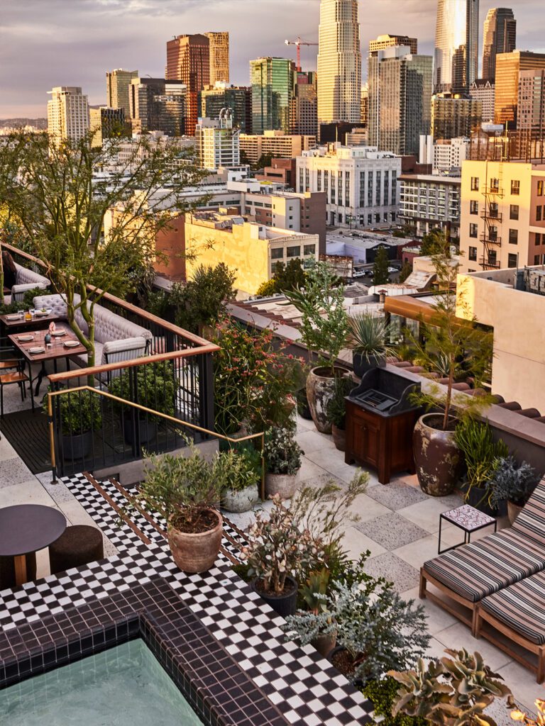 Pook deck of Downtown L.A. Proper Hotel overlooking the city.