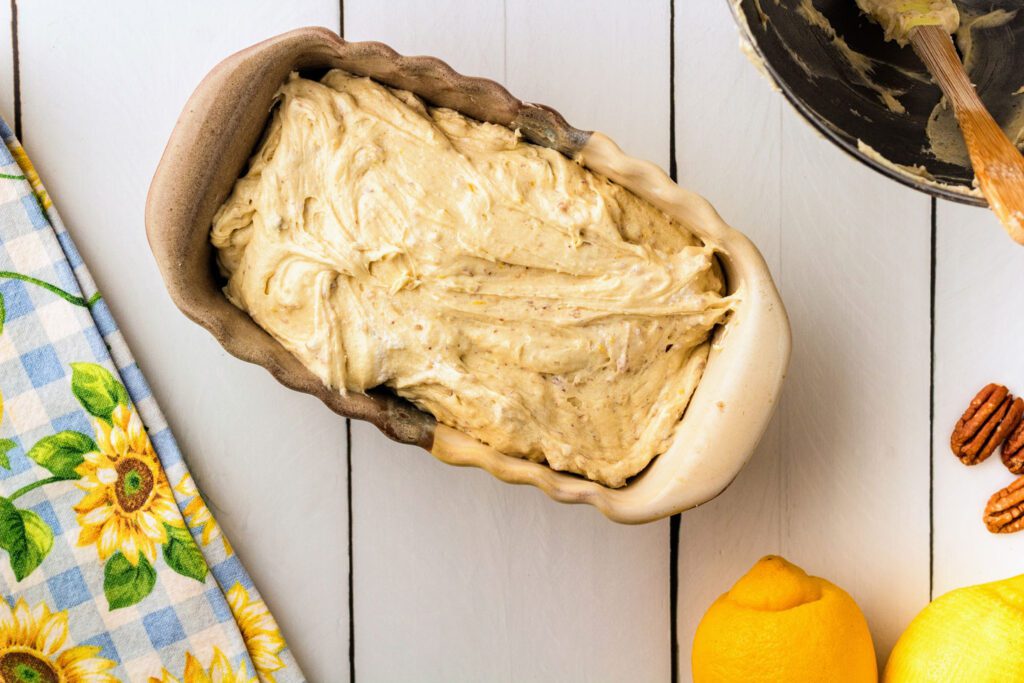 Batter poured into a loaf pan