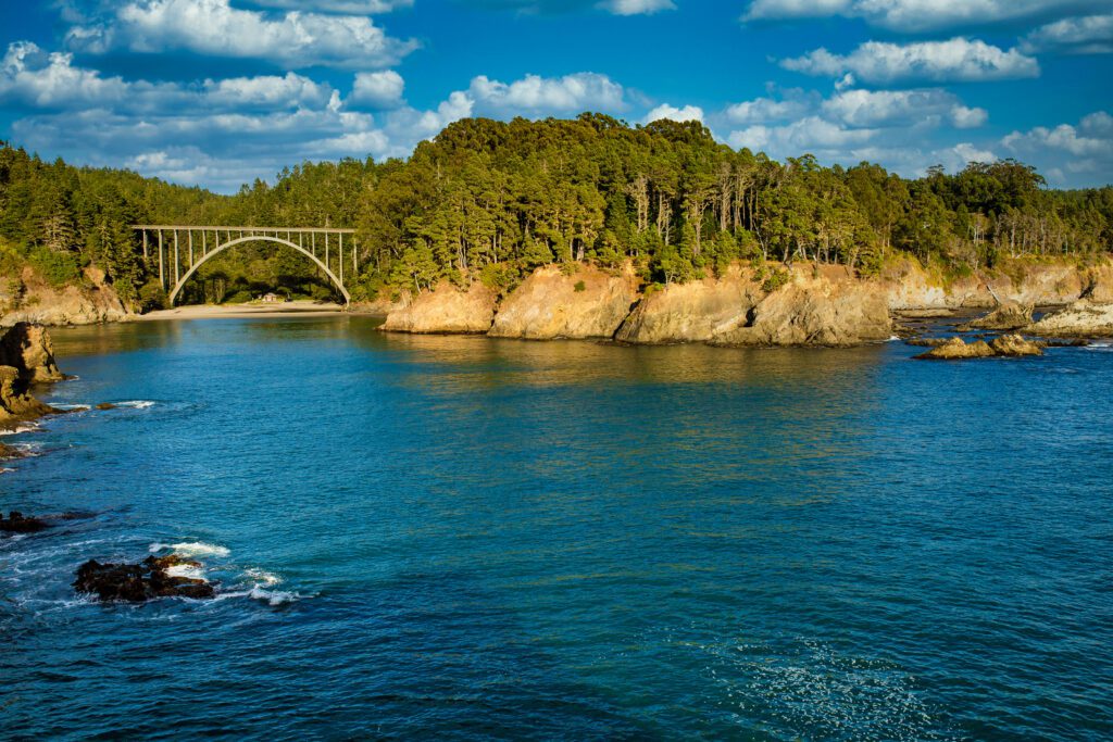 View of the Frederick W. Panhorst Bridge and the cove at Russian Gulch State Park