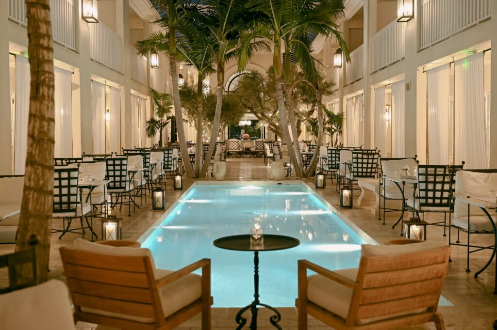 Cara Hotel courtyard at dusk