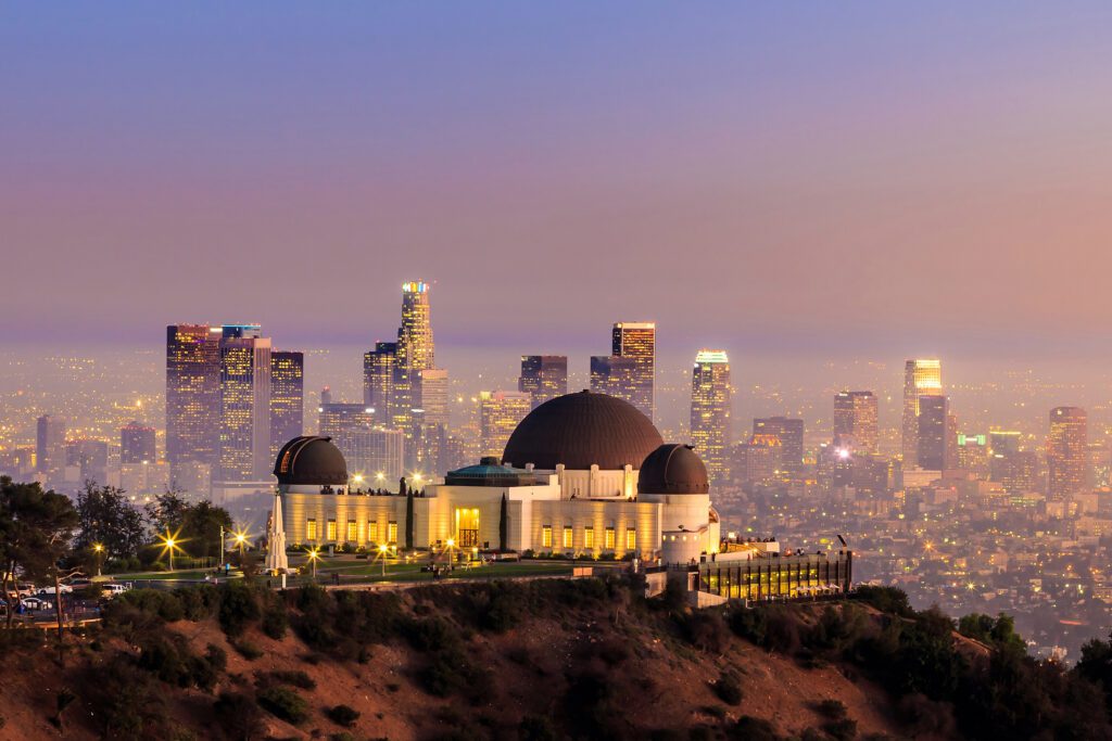 The Griffith Observatory and the Los Angeles skyline at twilight