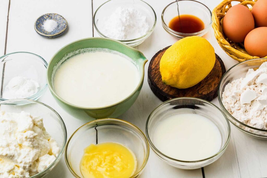 Flour, ricotta, lemon, lemon zest, eggs, sugar, salt, buttermilk.