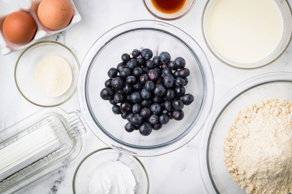 Eggs, vanilla, cream, flour, sugar, salt, butter, and blueberries