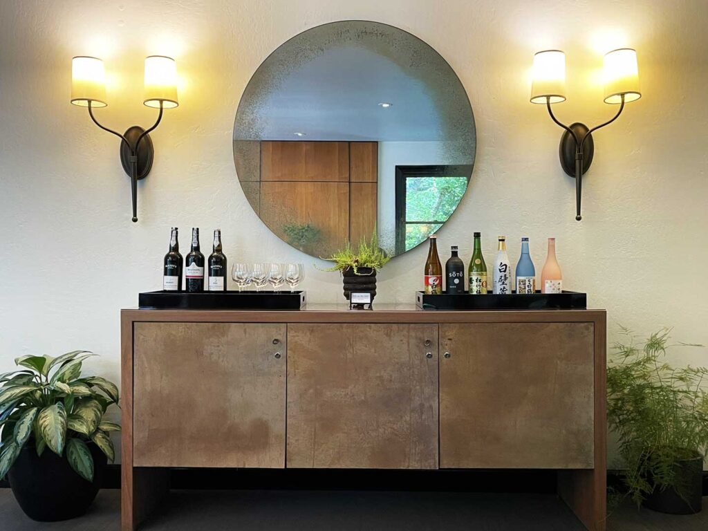 Complimentary sake and brandy at the Gaige House