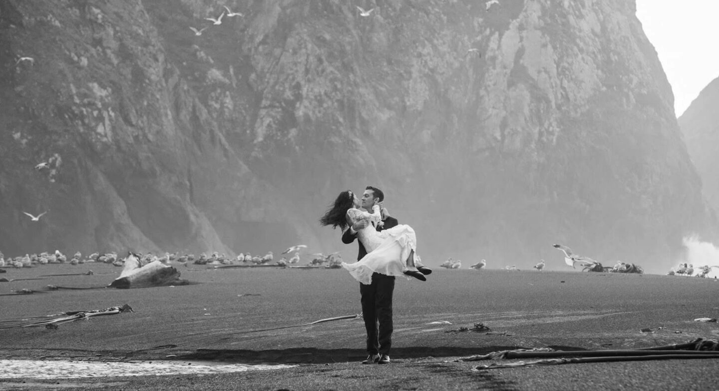 Wedding couple on the beach at Elk Cove Inn & Spa