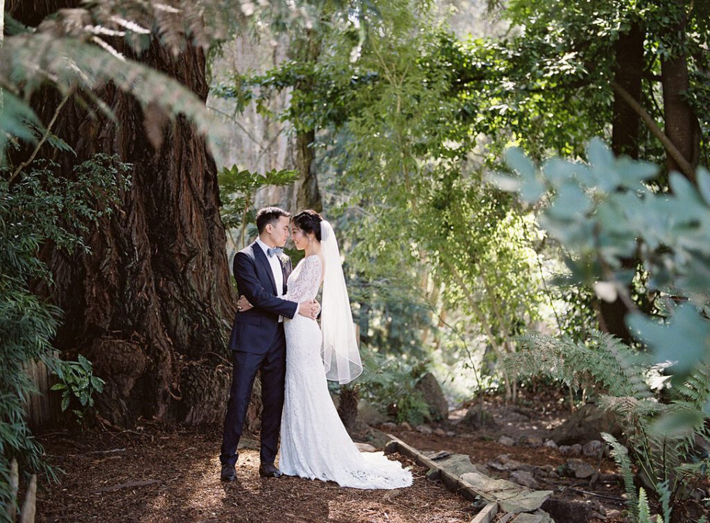 Bride and groom in a redwood grove at Sand Rock Farm