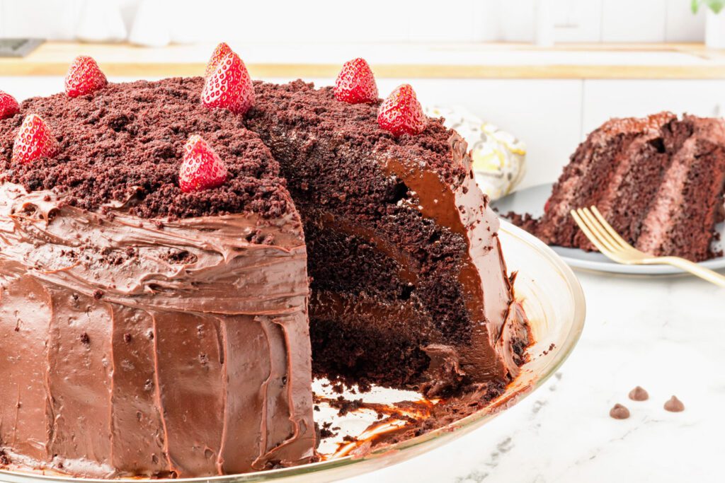 Side view of Brooklyn Blackout Cake with a slice removed