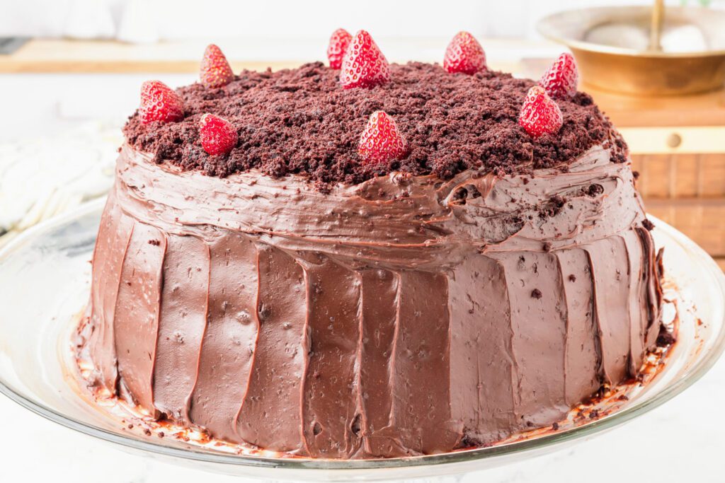Side view of Brooklyn Blackout Cake with strawberries on top