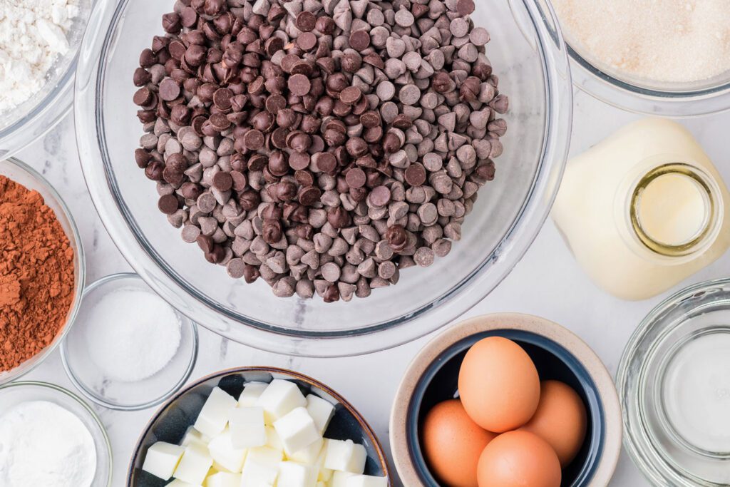 Bowls of chocolate chips, flour, cream, sugar, eggs, butter, salt, baking soda, baking powder, and cocoa powder