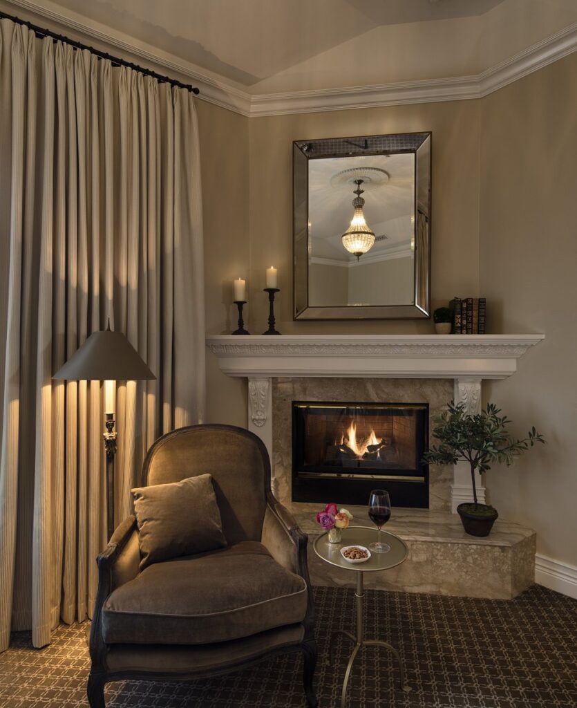 Guest room fireplace at The Genevieve