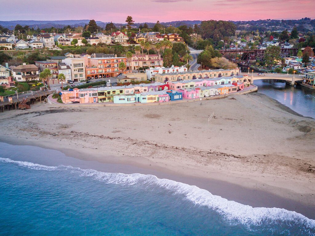 Aerial view of Capitola Village at sunrise