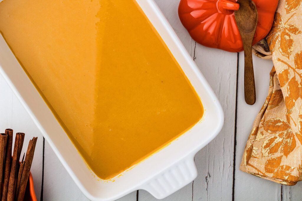 Pumpkin mixture in a greased 9”x13” baking dish