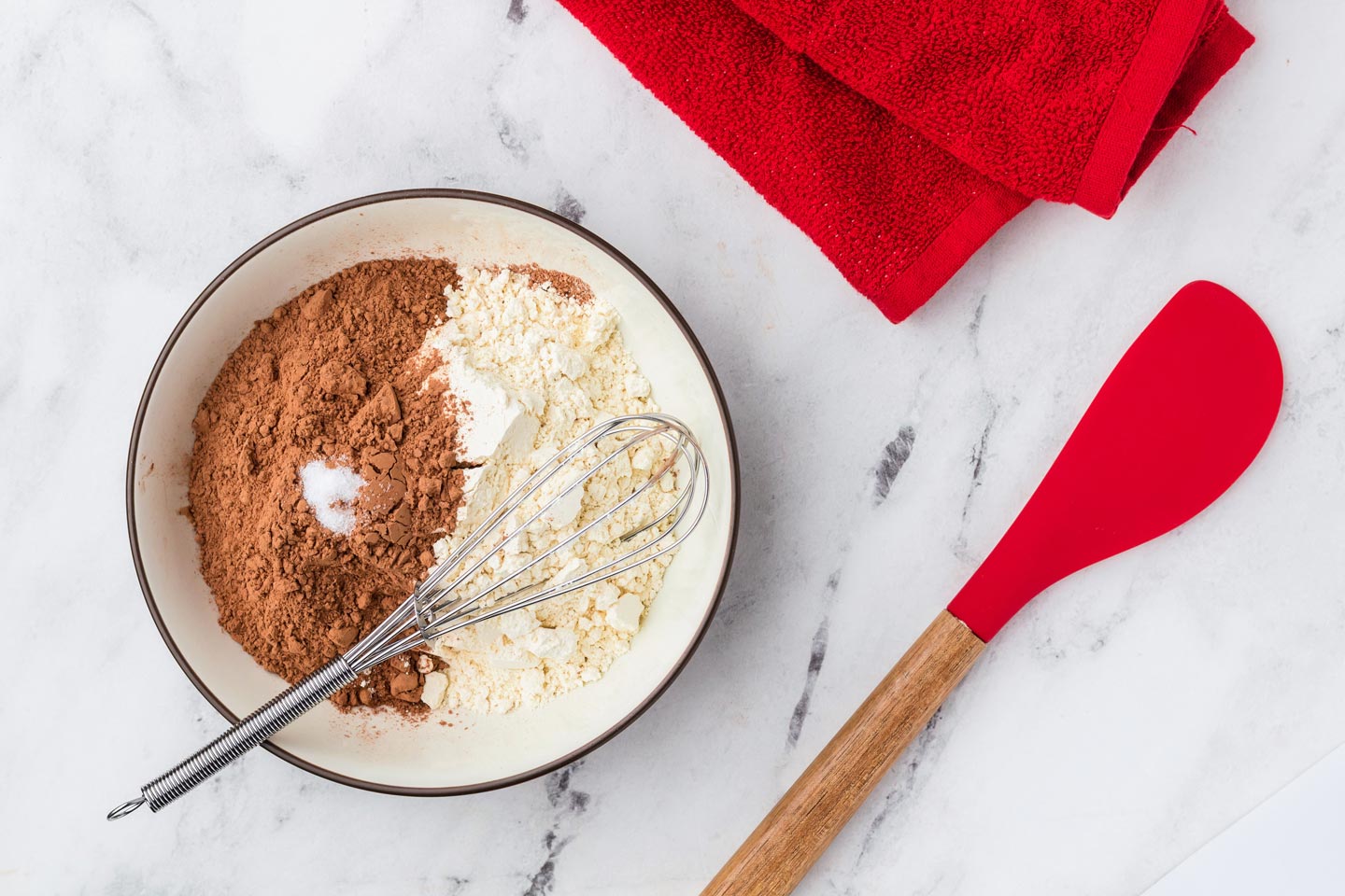 Flour, cocoa powder and salt in a small mixing bowl