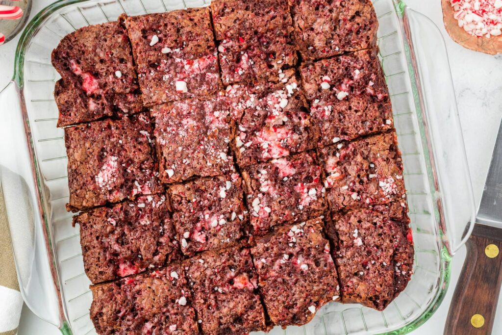 Chocolate Peppermint Brownies sliced in the pan