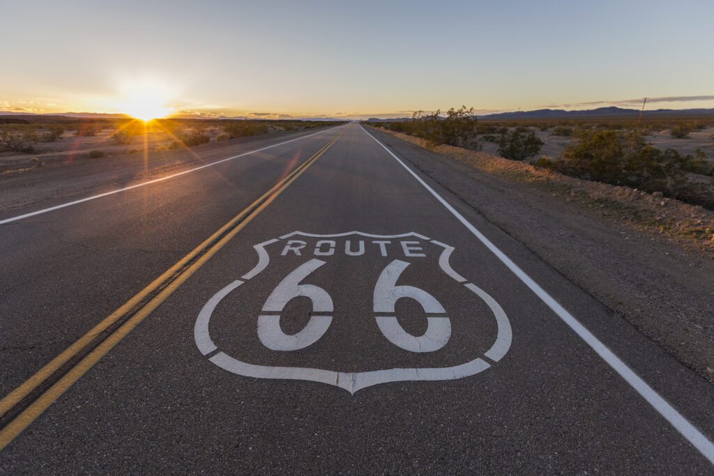 Sunset on Route 66 in the California Mojave Desert.