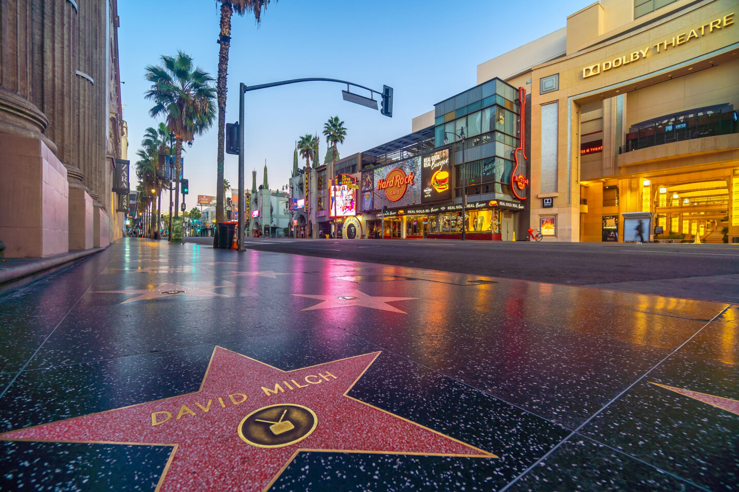 View of the Hollywood Walk of Fame and Dolby Theater at twilight.