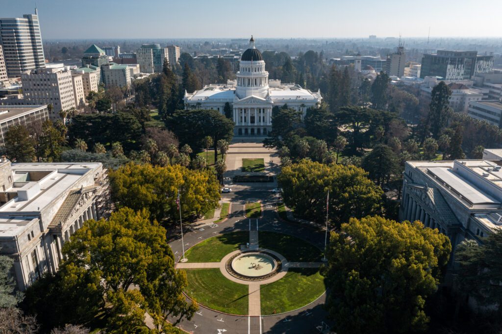 Aerial view of the California State Capitol building in Sacramento