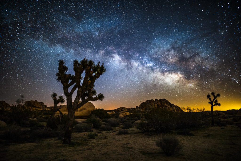 Nighttime view of stars and the Milky Way over the desert landscape of Joshua Tree National Park