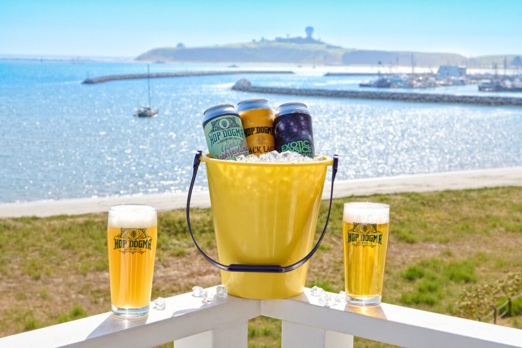 Plastic bucket with local beers and two pint glasses